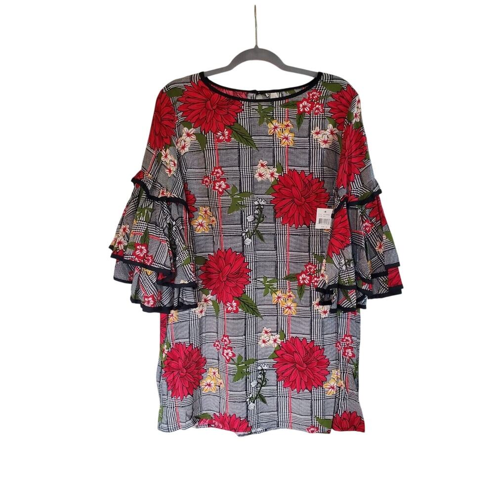 True Destiny Red Floral Houndstooth Print Shift Mini Dress NWT, Size Medium